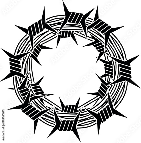 Stylized abstract black barbed wire wreath forming a dangerous circular border graphic illustration isolated on transparent background