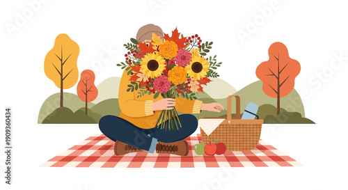 Person with Autumn Bouquet on Picnic Blanket in Park