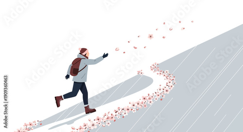 Person with backpack reaching for falling blossoms on a snowy path