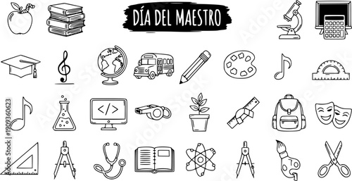 Teacher's Day Icons: Education  Learning Symbols in Black and White Line Art Style