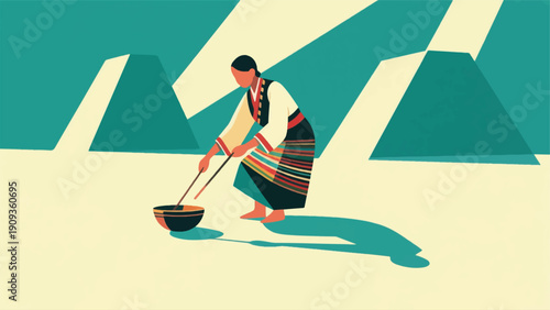Illustration Of A Person Doing Traditional Activities Under Daylight With Shadows Vector Design Template
