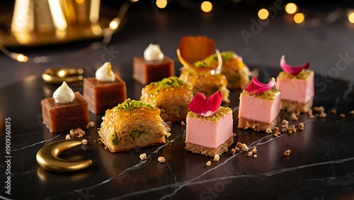 Assorted Middle Eastern Ramadan Desserts with Pistachio Baklava and Rose Petit Fours on Elegant Black Marble Plate Featuring Golden Crescent Decor for Eid Al-Fitr and Iftar Celebrations