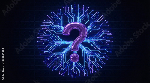 A purple question mark glows brightly on a circuit board with blue neon lights on a dark background