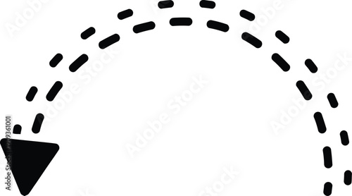 Black hand drawn dashed curved arrow pointing down and to the left on a white background.