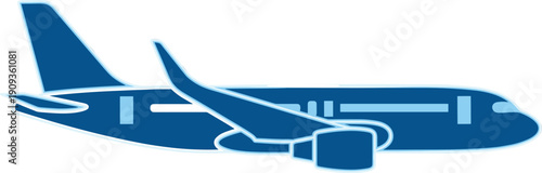 Blue commercial passenger airplane vector illustration isolated on white background, featuring modern jet engine design and sleek aerodynamic silhouette for travel