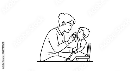 Mother wiping nose of her child with a tissue, caring parent helping sick kid at home, illustration