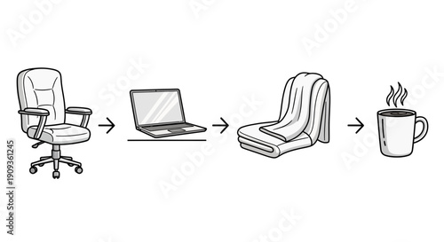Office chair, laptop, blanket, and hot coffee mug, work from home setup