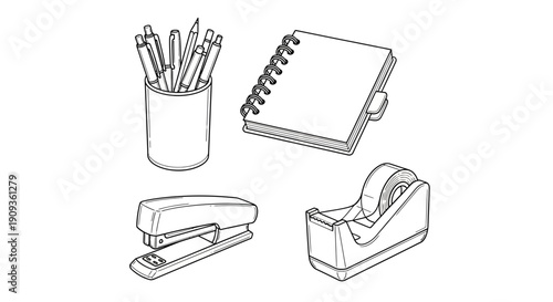 Office Supplies Collection: Stapler, Notebook, Pen Holder, Tape Dispenser - Black and White Line Art