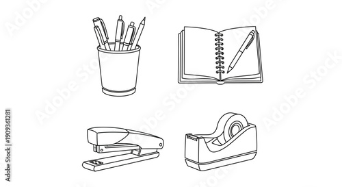 Office Supplies Collection: Pens, Notebook, Stapler, Tape Dispenser - Line Art Icons
