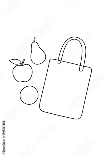 Minimalist Market Essentials. Flat Lay Market Items. Minimalistic one-line drawing overhead fruit