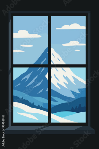 Winter Mountain View. Mountain Winter Window. A distant snow-covered peak rises behind the window