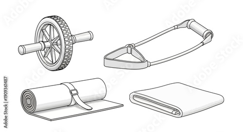 Home Fitness Equipment Set: Ab Roller, Resistance Band, Yoga Mat, Towel - Top View