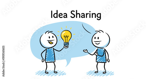 Idea Sharing: Two stick figures discuss a bright idea represented by a glowing light bulb in a speech bubble.