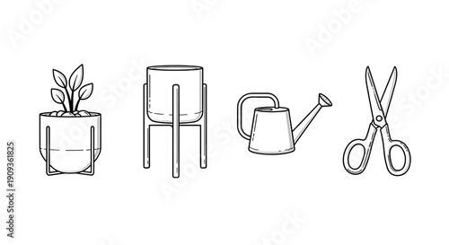 Gardening Tools and Plant Pot Icon Set: Scissors, Watering Can, Planter