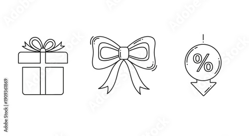 Gift Box, Bow, and Discount Percentage Icon Set - Black and White Line Art