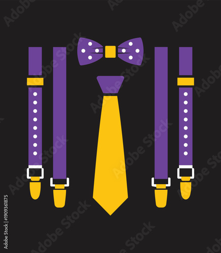 Stylish Purple and Yellow Men’s Bow Tie and Suspenders Accessory Set