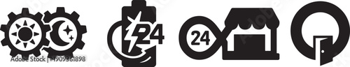  Open 24 hours vector icon set, symbol for round-the-clock service, store, or business