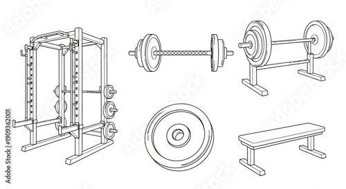 Gym equipment set: power cage, barbell, weight plates, and bench for strength training