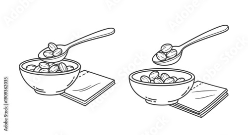 Hand Drawn Illustration of Spoonful of Cereal in Bowl, Breakfast Concept
