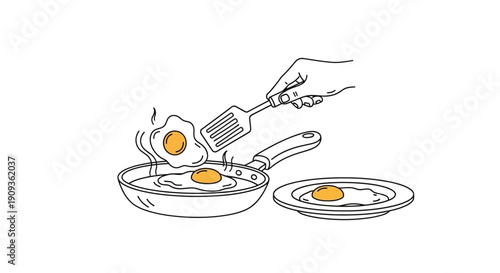 Hand Flipping Fried Egg in Pan with Plate, Breakfast Cooking Line Art
