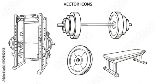 Gym Equipment Icons: Barbell, Weight Plates, Squat Rack, Weight Bench