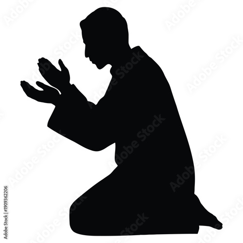 Man praying in silhouette with hands raised, religious devotion, isolated on white background