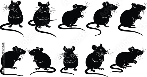 Big set of cute rat and mouse animal silhouettes vector illustration isolated on white background, black rodent pest graphic for chinese zodiac symbol, nature wildlife design collection