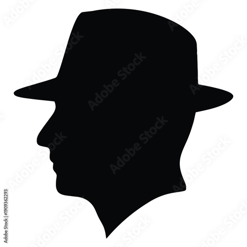 Man's Silhouette Wearing Fedora Hat Profile View Isolated on white background
