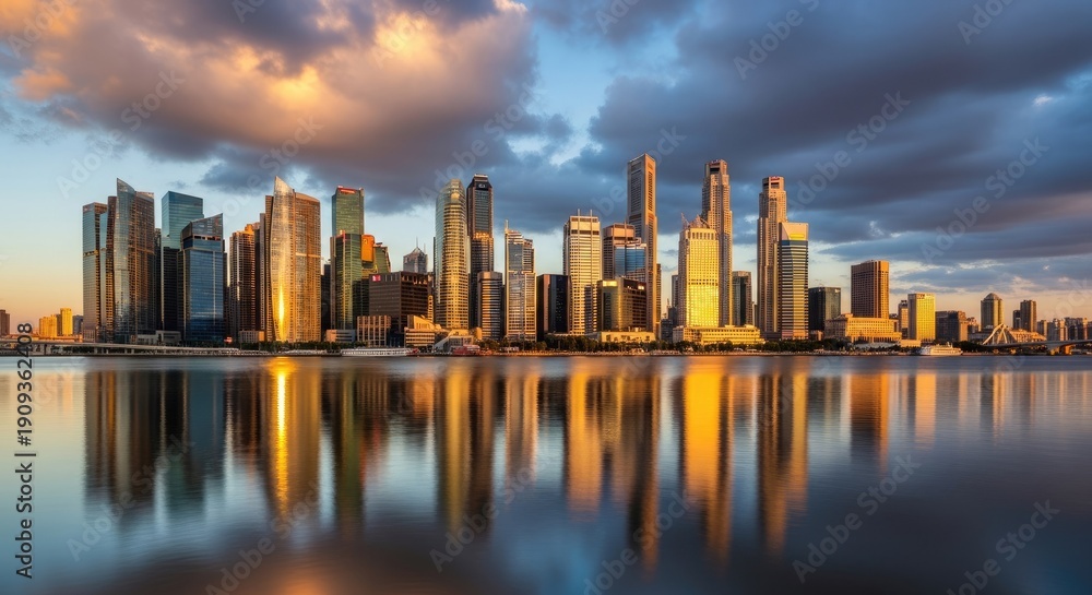 Obraz premium Modern city skyline reflected in calm water under a dramatic cloudy sky
