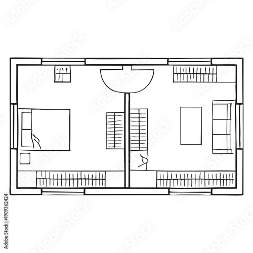 Black and white floor plan of a large room with various furniture and fixtures room layout