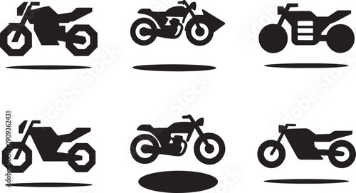 Monochromatic motorcycle icon set with hover shadow effect on grey gradient background