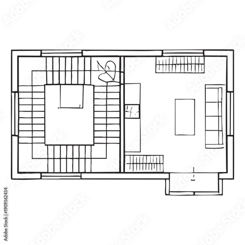 Black and white floor plan of a multi-room building with seating areas and a stage building layout
