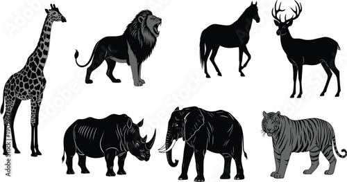 Big set of wild animal silhouettes including lion tiger elephant giraffe rhino horse and deer, vector illustration isolated on white background for nature design