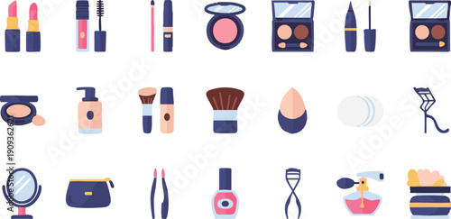 Beauty icons set: 25 colorful designs with makeup, brushes, lipsticks, eyeshadow, nail polish, perfume, mirror, pouch.