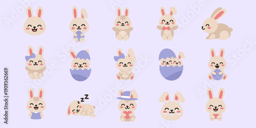 Cartoon Easter bunnies set: 16 pastel designs with bows, hats, eggs, hearts, cheerful poses.