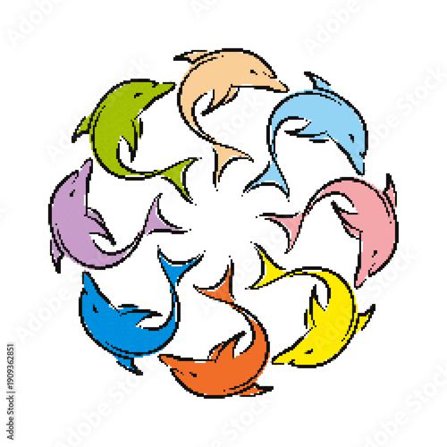 Pixel symbol with colored dolphins.