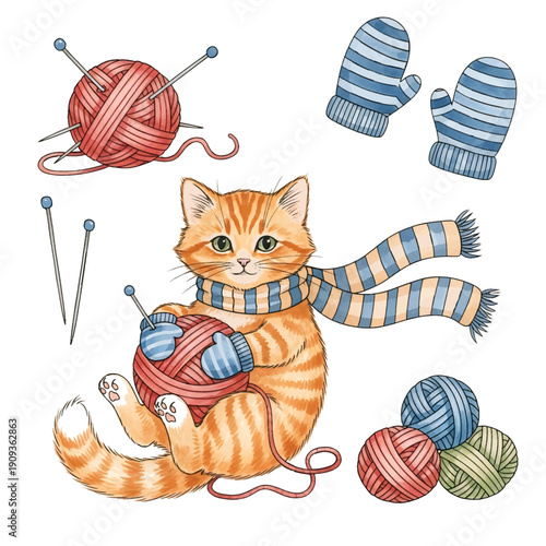 Cat playing with mouse and ball cute cartoon kitten illustration
