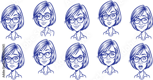 Character set of a woman with glasses and bobbed hair, featuring ten distinct facial expressions in blue monochrome line art.