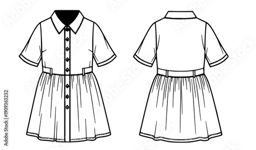 Girls dress fashion flat technical drawing with front and back views