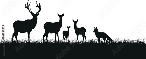 Black silhouette of deer family and fox standing in grass field isolated on white background, vector illustration for nature design.