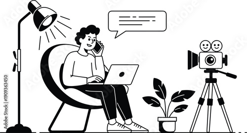 Content Creator Vlogger Influencer Blogger Freelancer Remote Work Laptop Camera Phone Communication Video Recording Studio Illustration Vector Modern Lifestyle Online