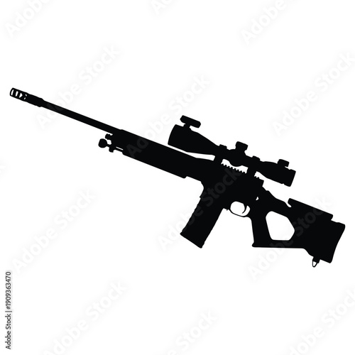 Sniper Rifle with Scope Silhouette, Tactical Weapon Detail, Military Sub-Niche Isolated on white background