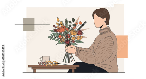 Minimalist Illustration of Person Arranging Autumn Flower Bouquet with Tea