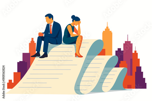 A man and woman sitting on a giant document in a city