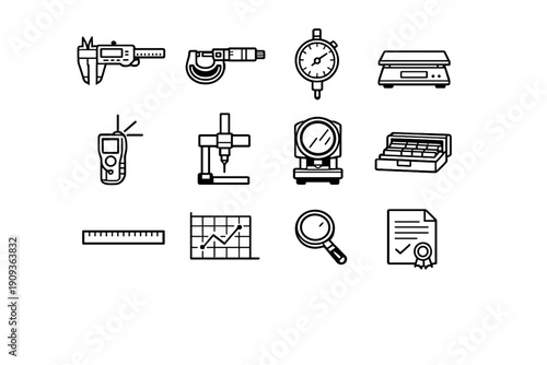Precision Instruments. Line outline icon set of Precision Instruments: digital caliper,