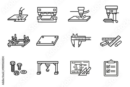 Metal Fabrication Icons. Metal Fabrication. Line outline icon set of Metal Fabrication: sheet metal cutting,
