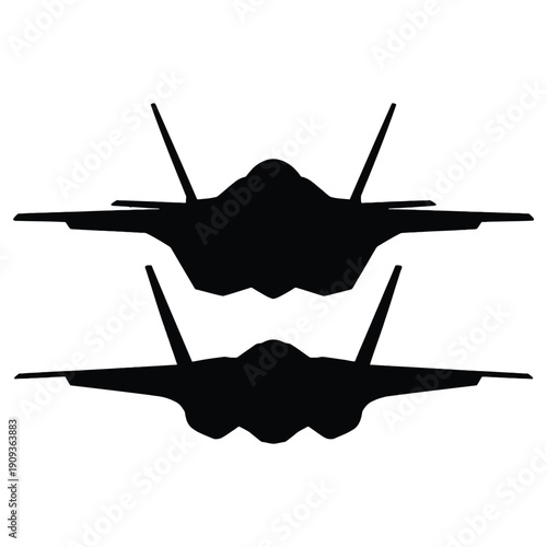 Two Stealth Fighter Jets Flying Side-by-Side, Modern Aerial Combat Aircraft Silhouette Isolated on white background