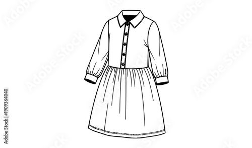 Technical girls dress vector schematic with collared top and gathered skirt