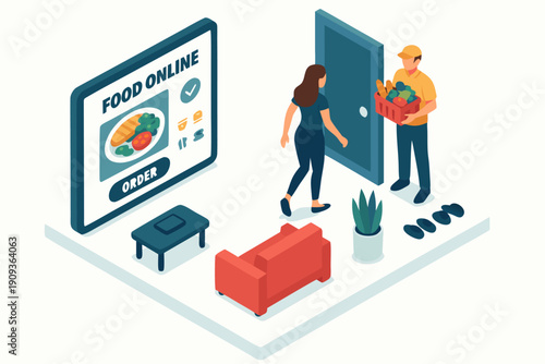 A woman receives online food delivery at her doorstep from a courier