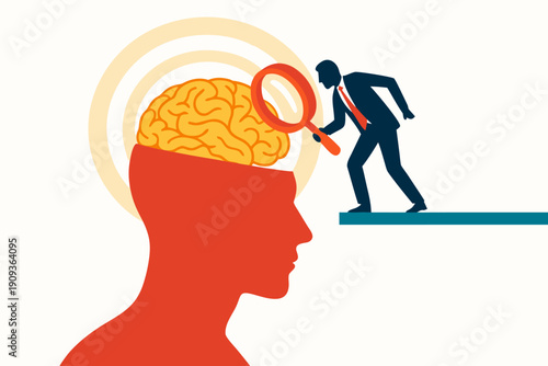 A vector graphic illustration of a man searching for ideas in a person's brain